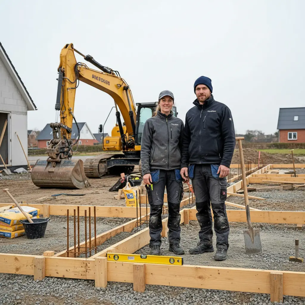Realistisk foto af to håndværkere i arbejdstøj, der står på en byggeplads i Vordingborg med gravemaskine og forskalling i baggrunden, dagslys.