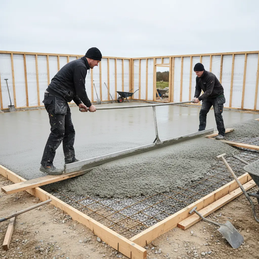 Realistisk foto af nystøbt betonplade, der afrettes med lang retskinne over armeringsnet og komprimeret stabilgrus ved et hus under opførelse.