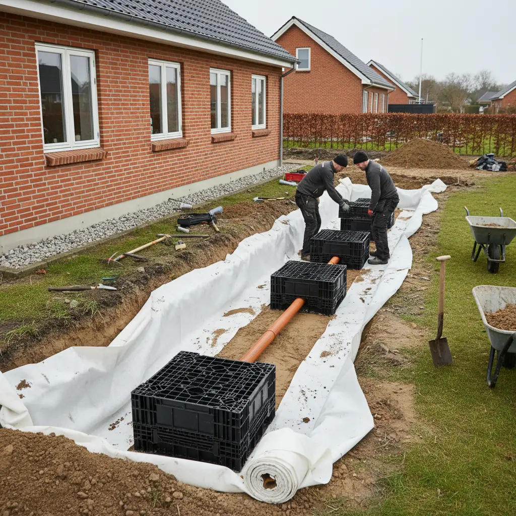 Realistisk foto af faskine under installation med udgravet rende, faskinekassetter, geotekstil, drænrør og stabil opfyldning ved dansk parcelhusgrund.