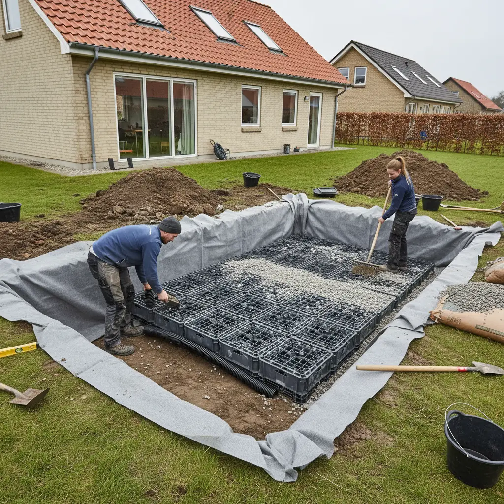 Realistisk foto af faskine under installation ved en bolig, hvor udgravning, fiberdug, faskinekassetter, grus og afløbsrør til regnvand er tydeligt synlige.