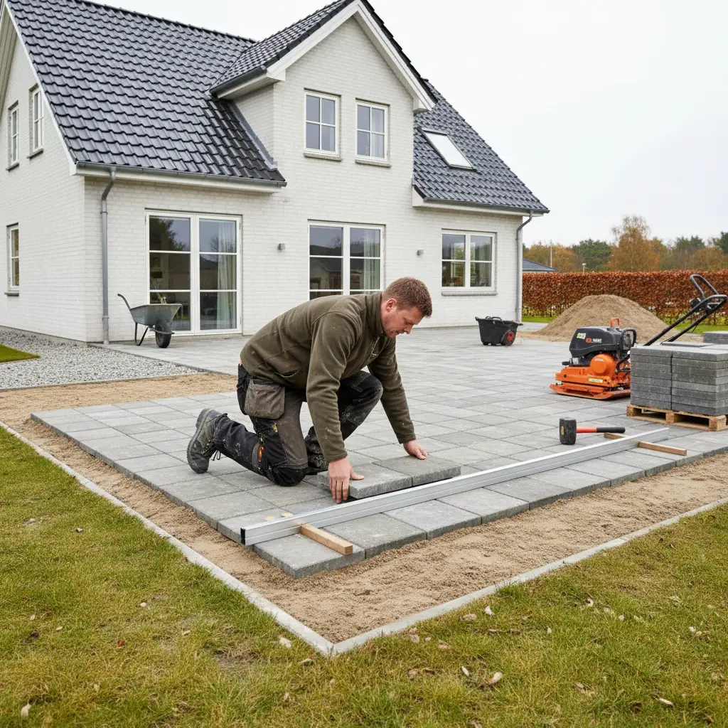Realistisk foto af håndværker fra entreprenørfirma der lægger betonfliser på afrettet sandlag, med retteskinne, gummihammer og pladevibrator ved en dansk villa.