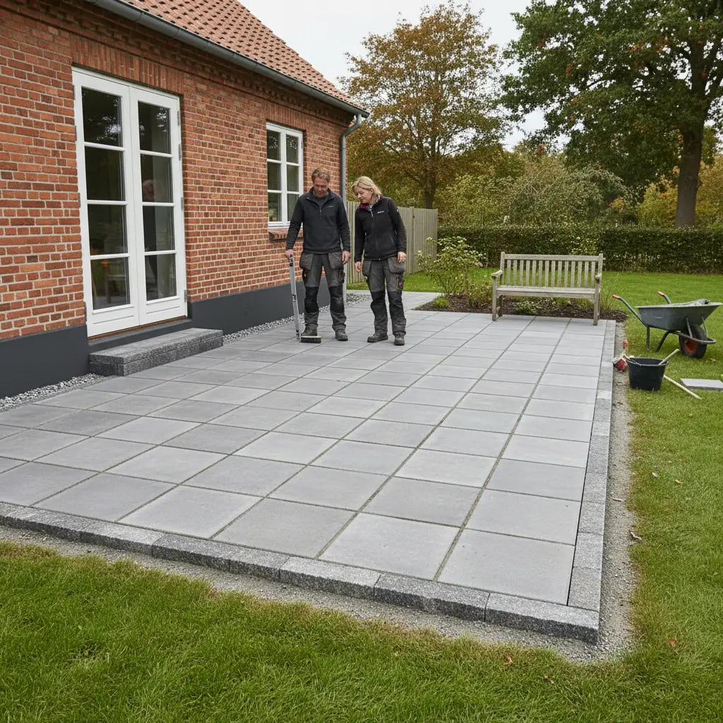 Realistisk foto af færdig fliseterrasse i flugt med havedør, med ensartede fuger, kantsten og synligt fald væk fra hussokkel i dansk haveomgivelse.