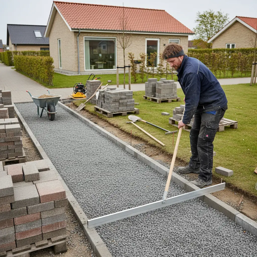 Realistisk foto af gangsti under etablering, hvor bærelag afrettes med retskinne, kantsten sættes, og belægningssten ligger klar ved en dansk bolig.