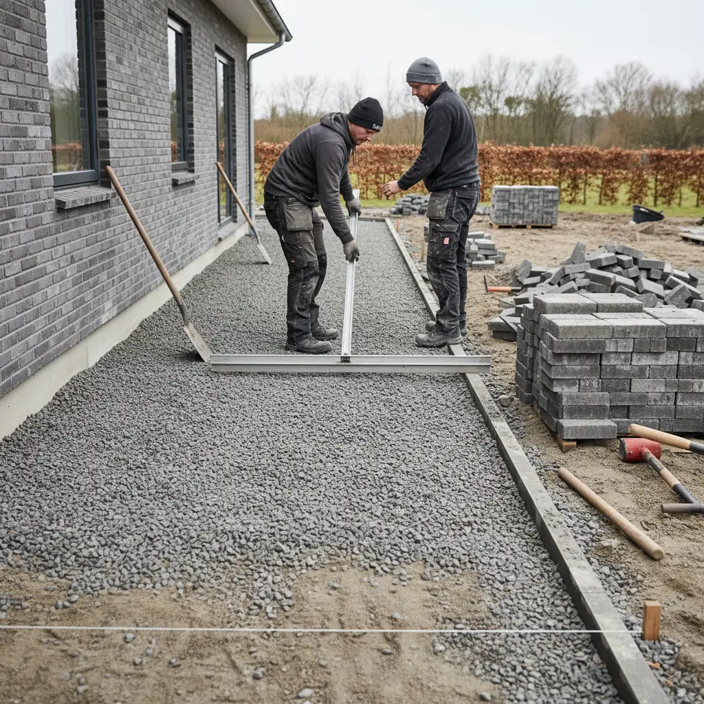 Realistisk foto af gangsti under anlæg, hvor stabilgrus afrettes med retskinne, belægningssten ligger klar langs kanten, og der arbejdes med fald væk fra huset.