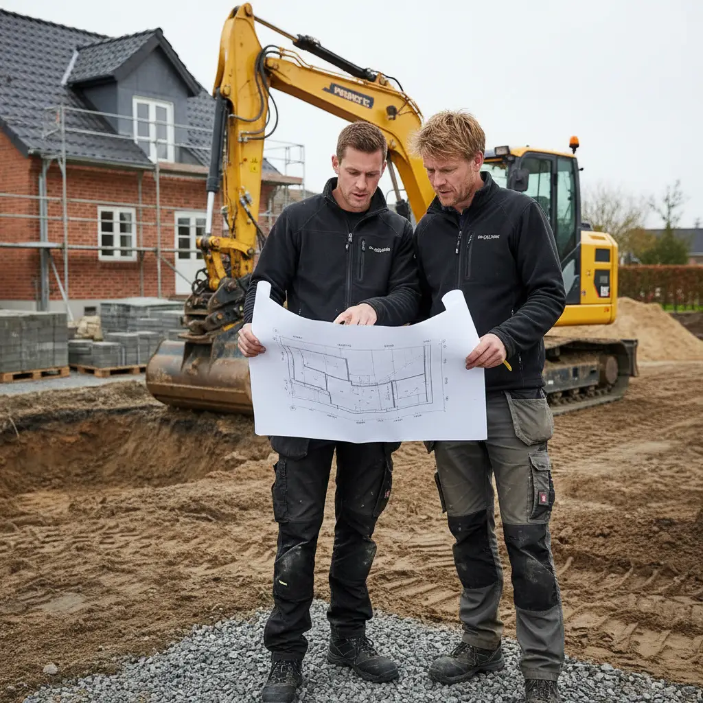 Realistisk foto af to medarbejdere i arbejdstøj foran en gravemaskine på en privat grund i Vordingborg, mens de gennemgår tegninger af en ny indkørsel.