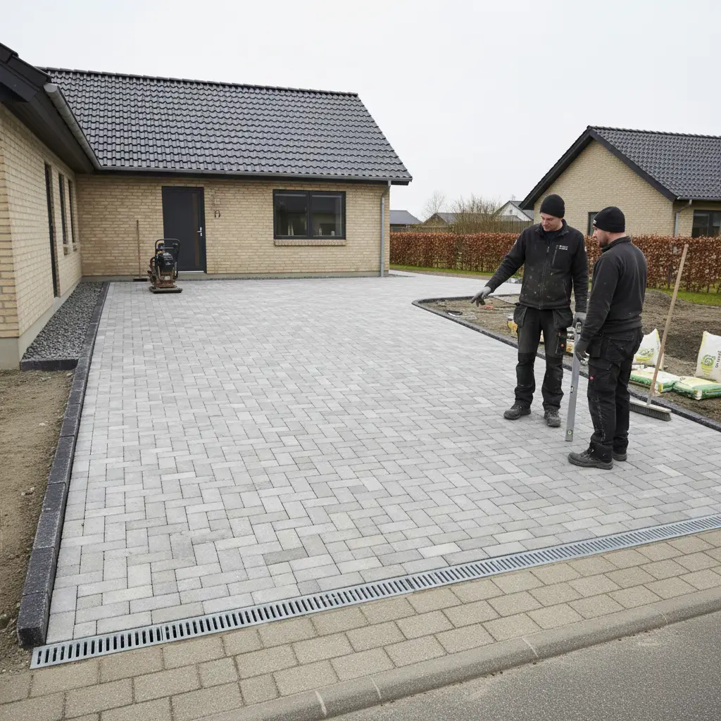 Realistisk foto af færdig indkørsel med belægningssten i ensartet mønster, skarpe kantsten og tydeligt fald mod afløb foran en dansk bolig.