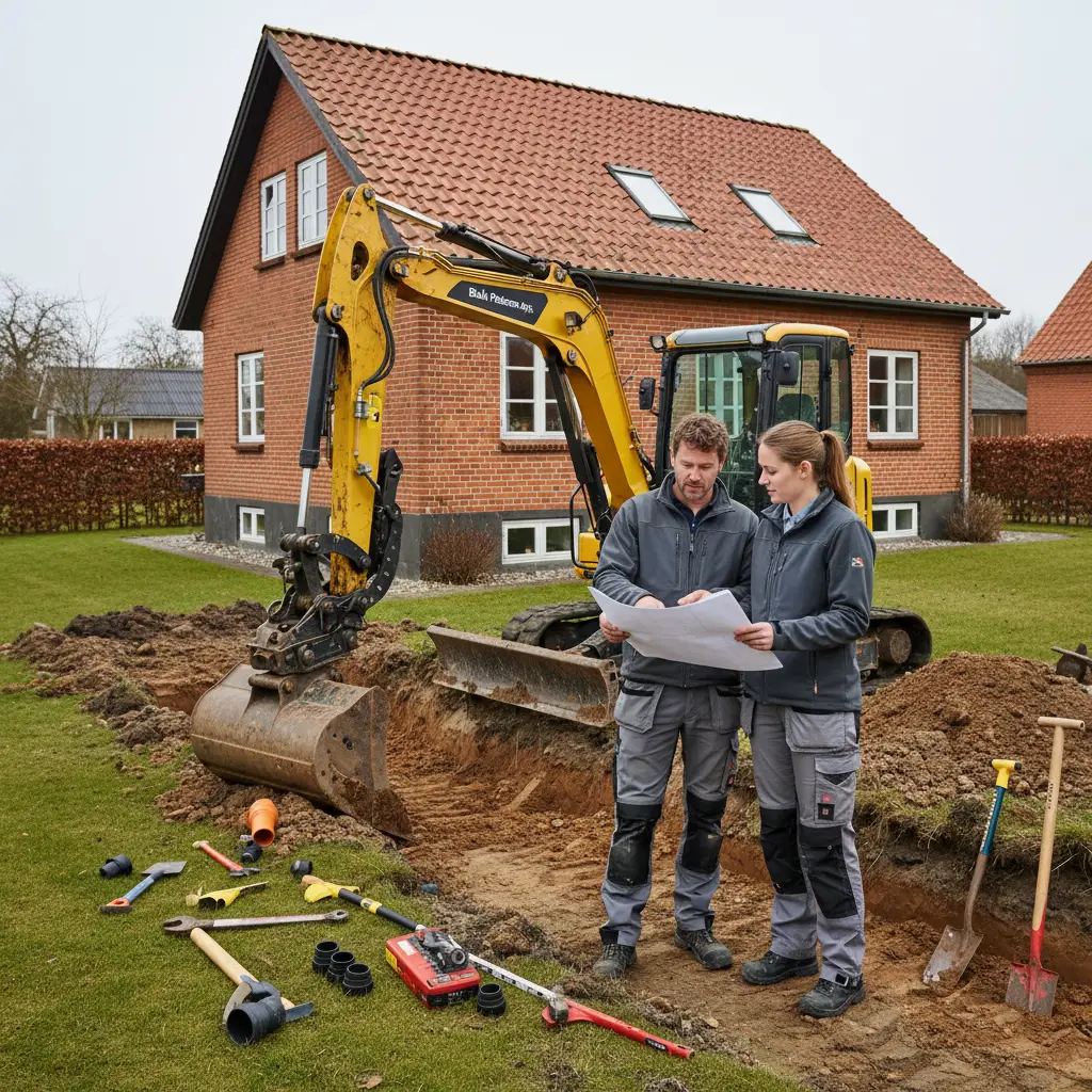 Realistisk foto af to kloakmestre fra Blak Pedersen ApS i arbejdstøj ved en gravemaskine foran et dansk enfamiliehus i Vordingborg.