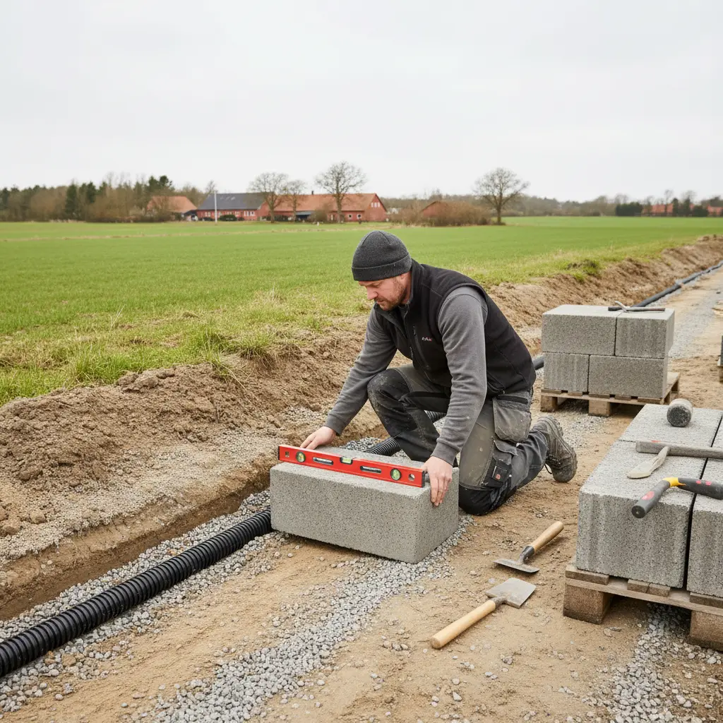 Realistisk foto af entreprenør i gang med opbygning af støttemur, hvor blokke sættes på komprimeret bærelag ved skrånende terræn, med drænmateriale og vaterpas synligt.